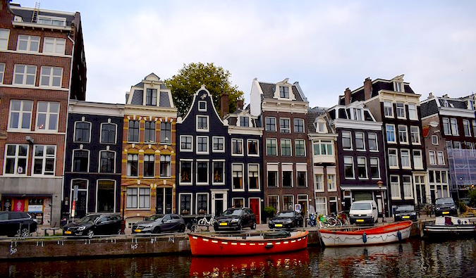 Boats and buildings near the canal in the city of Amsterdam, Holland