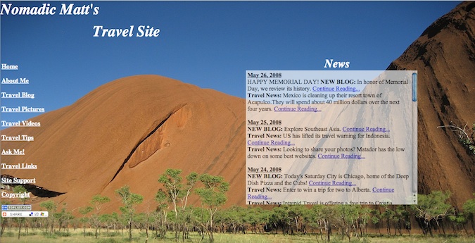 Early homepage of Nomadic Matt's travel site