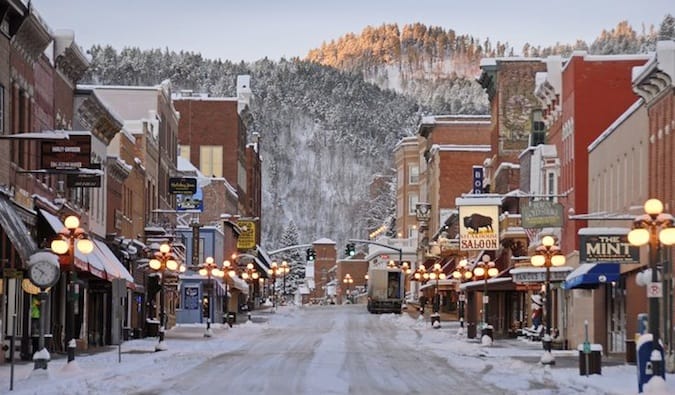 the snowy main street in deadwood