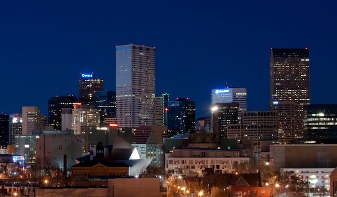The downtown Denver, Colorado skyline lit up at night