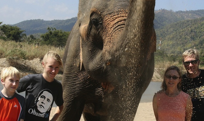 The wide wide world family posing for a family photo with an elephant