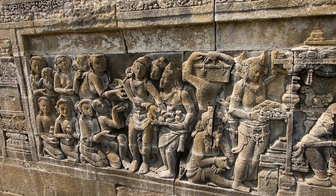 The ancient stone carvings at Borobudur in Indonesia