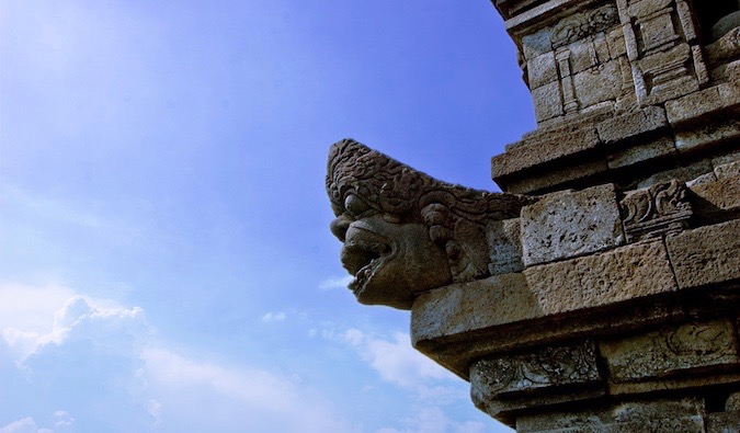 One of the many ancient stone carvings at Borobudur in Indonesia