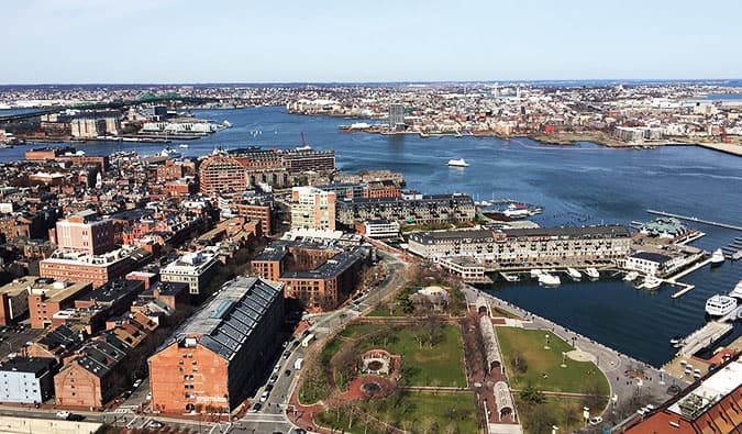 An aerial view of the north end of Boston, Massachusetts