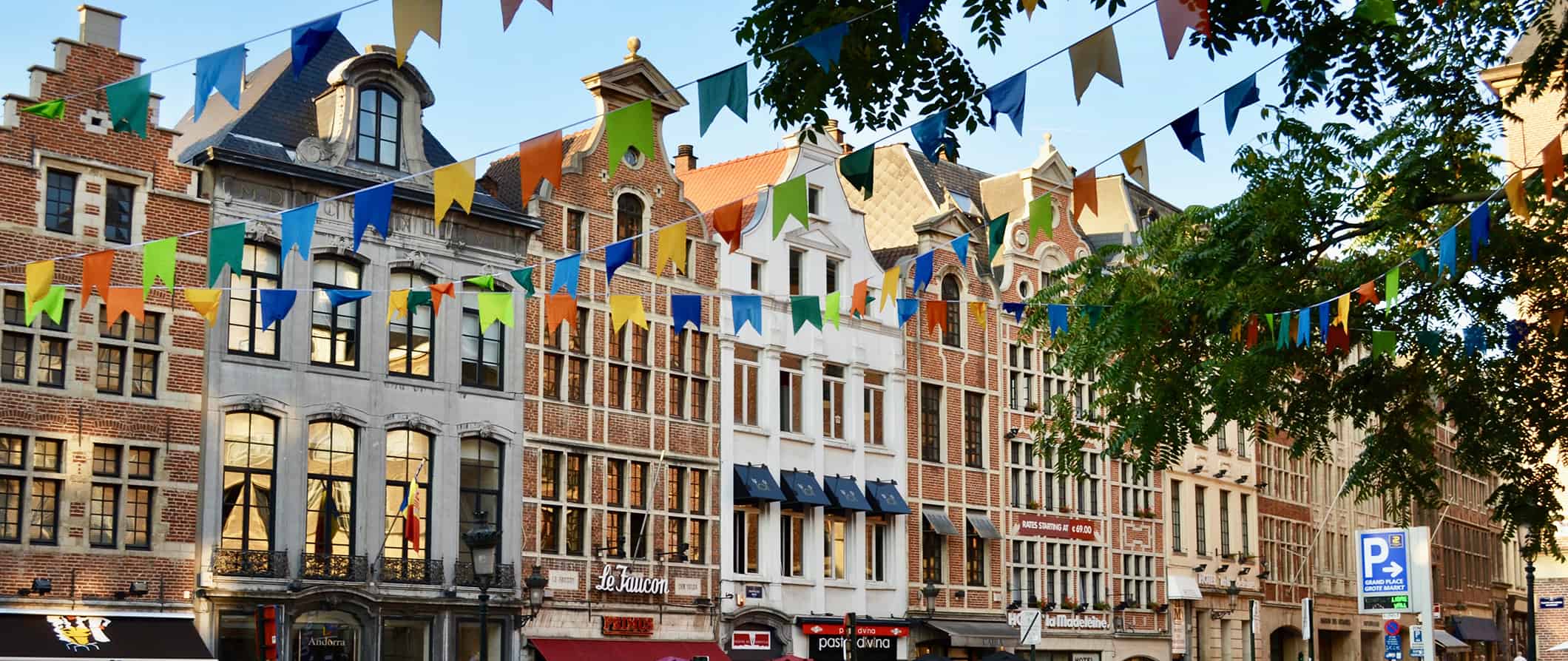 Colorful streets and historic old row houses in Brussels, Belgium