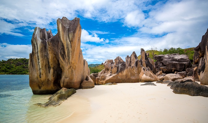 A beautiful beach on the paradise of Seychelles on a bright and sunny day