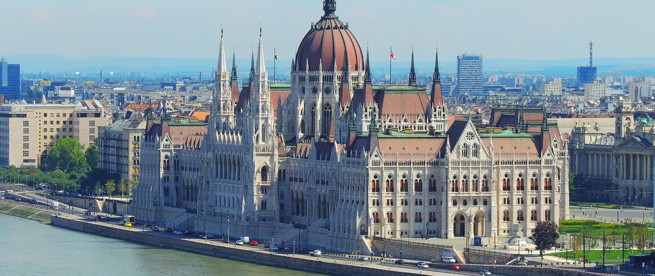 The massive Hungarian Parliament building beside the Danube River in Budapest, Hungary