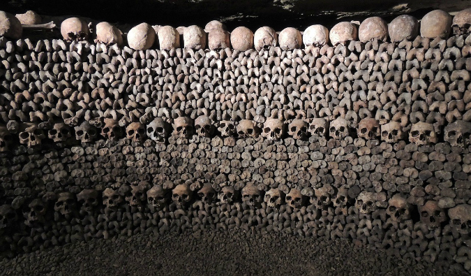 Bones piled high in the Paris catacombs