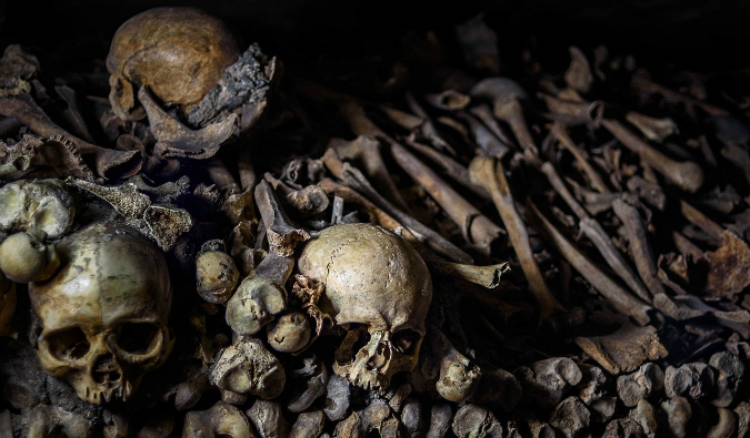Skulls in the Paris Catacombs under the city