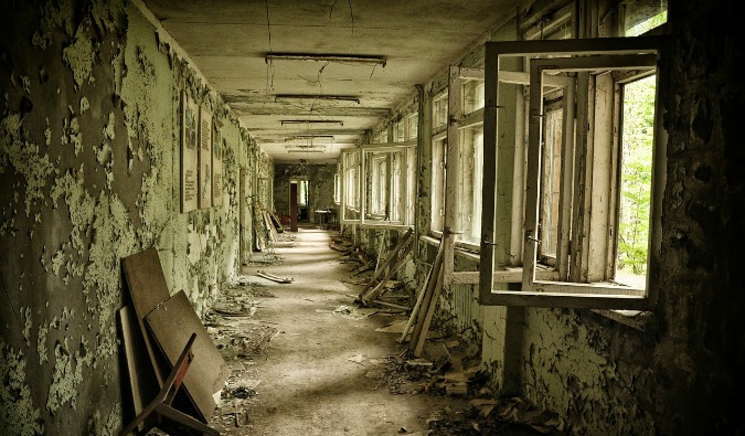 An old ruined hallway from the Chernobyl explosion in Ukraine