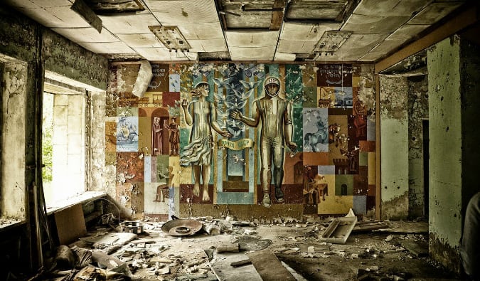 Aging and ruined wall art in the Chernobyl area of Ukraine