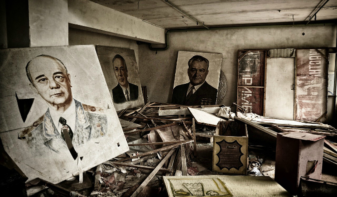 Artwork in the abandoned ruins of Chernobyl in Ukraine