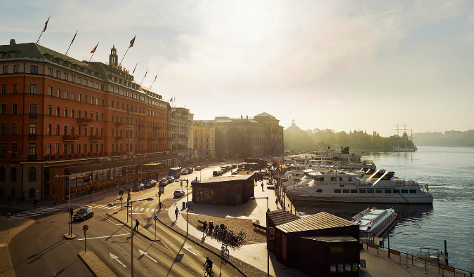 A view of the harbor and waterfront in Stockholm, Sweden during the summer