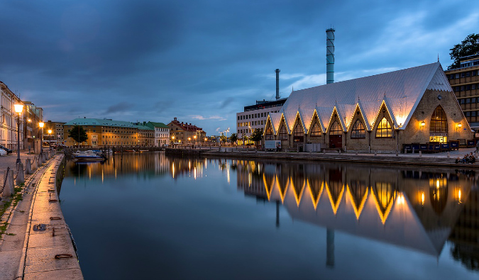 The narrow canal in Gothenburg, Sweden near the Fish Chruch at night