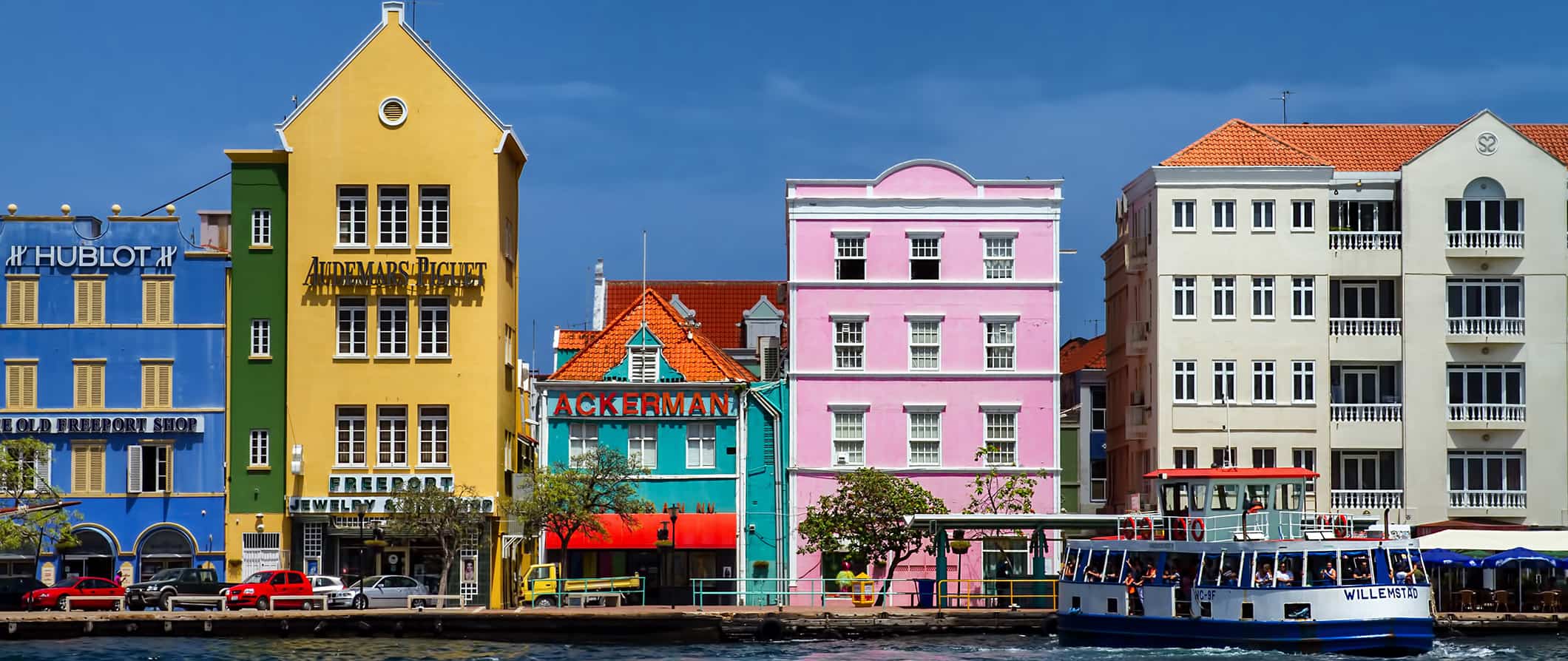 Brightly painted buildings on the tropical island of Curaçao in the Caribbean