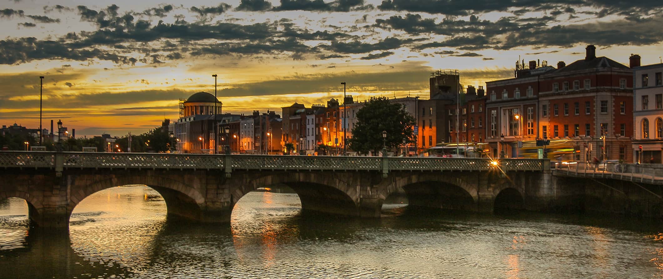 view of the Liffey River in Dublin at sundown