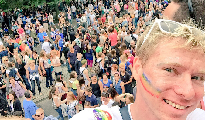 Adam Groffman, a gay traveler at a gay pride event in Berlin, Germany