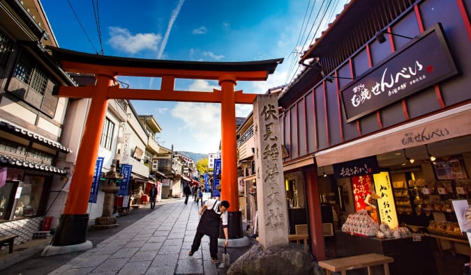 The busy streets lined with small shops in Japan