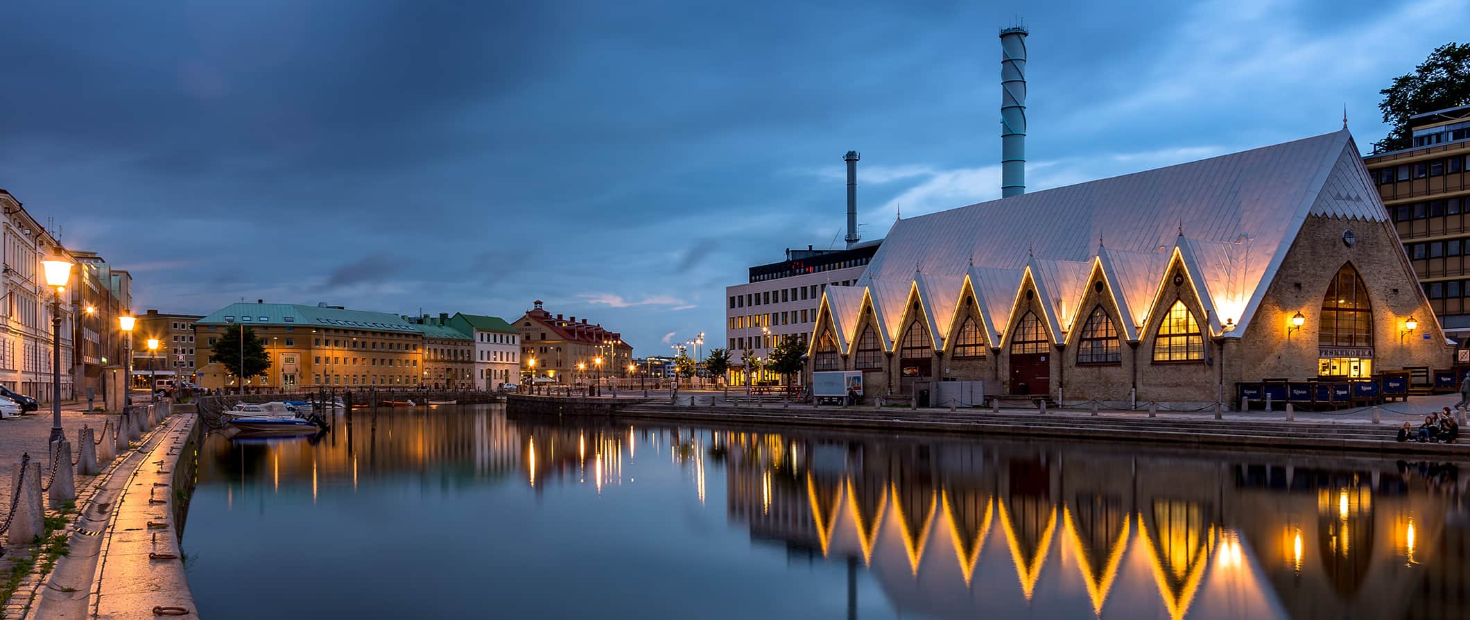 Gothenburg's waterfront lit up at night