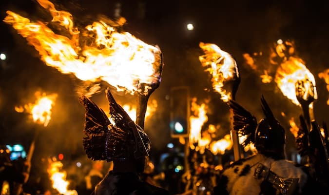 The torchlight procession led by vikings in Scotland