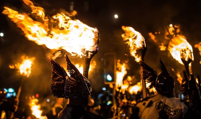 The torchlight procession led by Vikings in Scotland