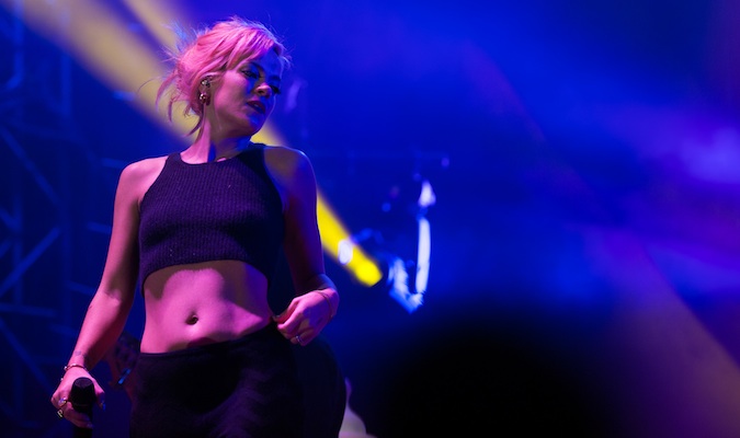 Lily Allen performing at the end of the Hogmanay festival in Edinburgh, Scotland