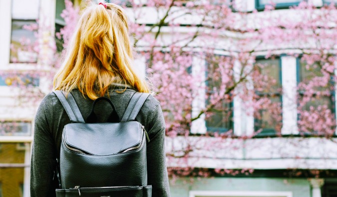 A woman looking at cherry blossoms