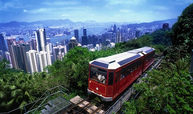 The red Peak Tram going up Hong Kong Island's tallest mountain