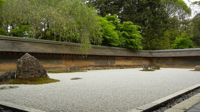 A well-manicured sand and rock Zen garden in Kyoto, Japan