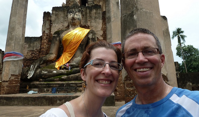 A middle age couple traveling in Thailand together