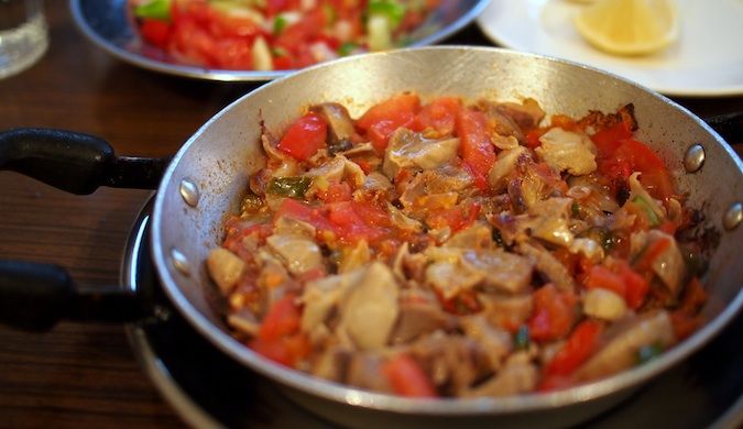 A simmering bowl of chicken gizzards in Istanbul, Turkey