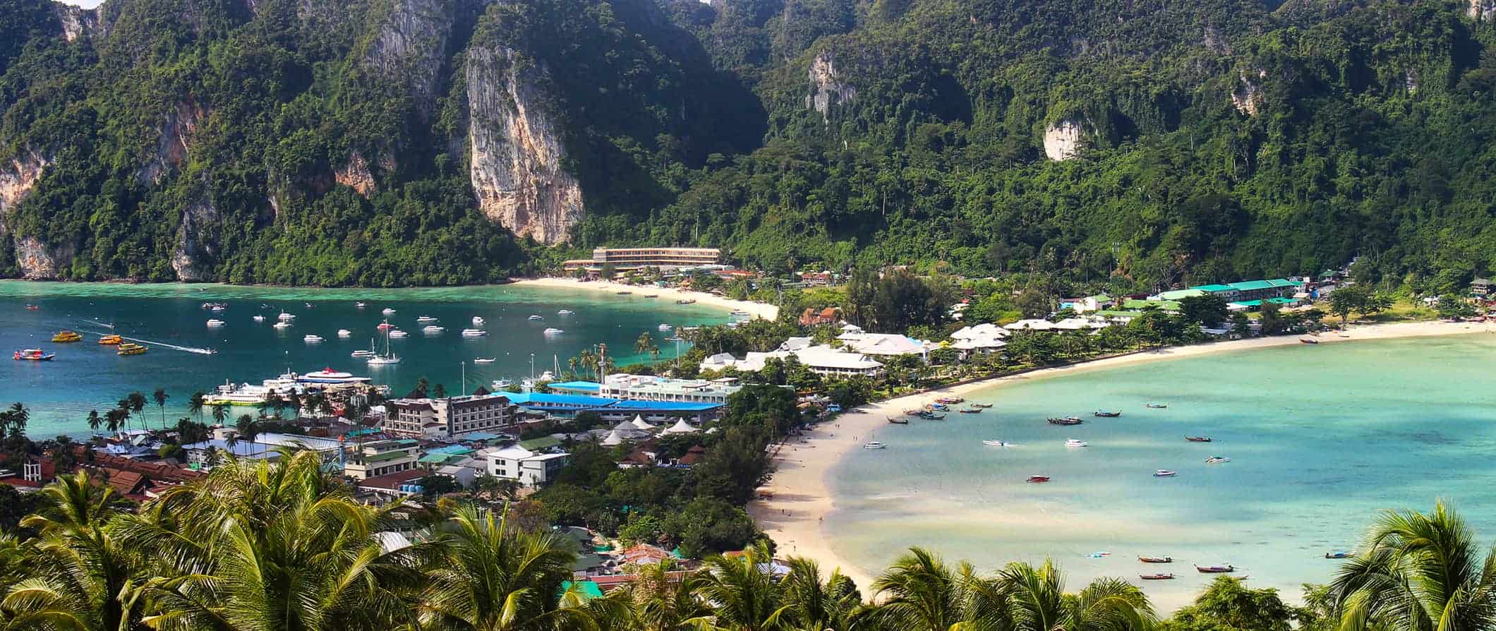 A view of Ko Phi Phi, Thailand and its lush jungles and beaches as seen from a scenic lookover