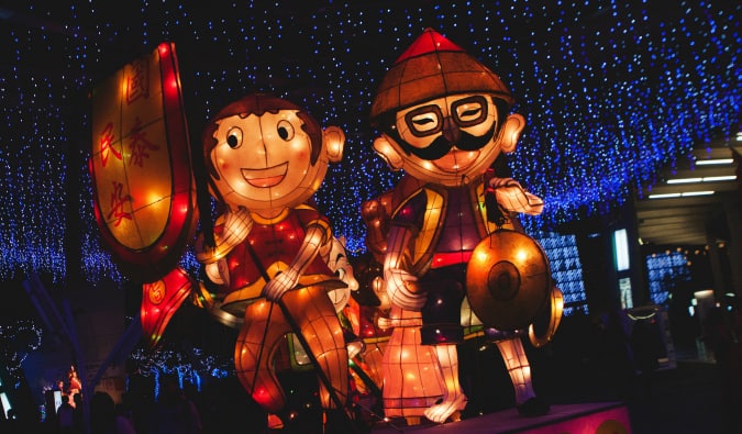 A float of two large figures at the Taipei Lantern Festival