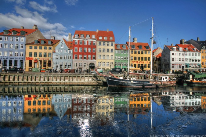 Photo of houses reflecting on the Nyhavn Harbor in Copenhagen, Denmark