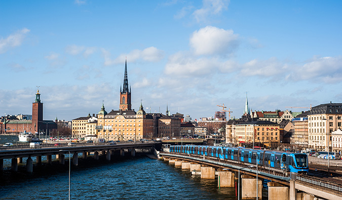 an aerial view over the hisoric Gamla Stan area of Stockholm, Sweden