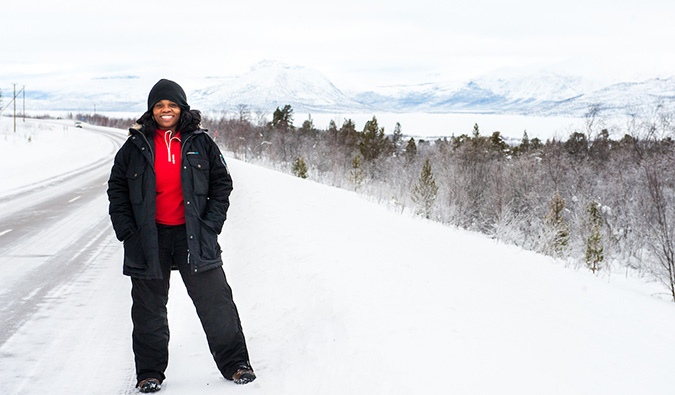 Lola Akerstrom and a snowy winter scene in Northern Sweden