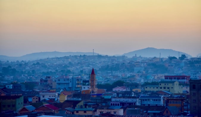 A sunset over the sprawling city of Antananarivo, Madagascar