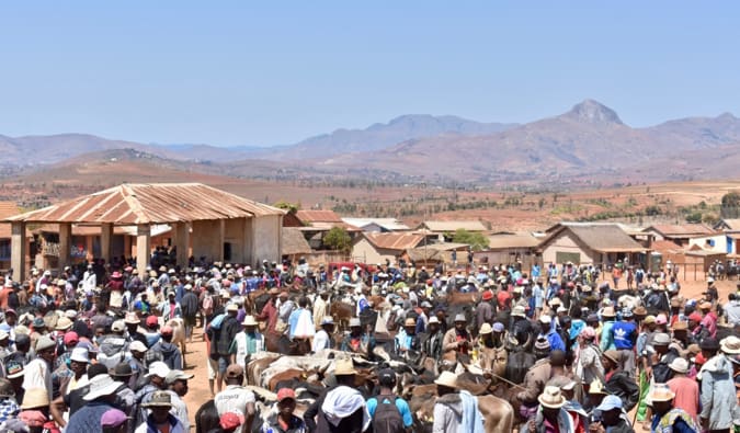 A busy village full of locals doing business in Madagascar