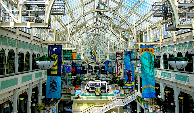 inside a colorful and ornate shopping mall