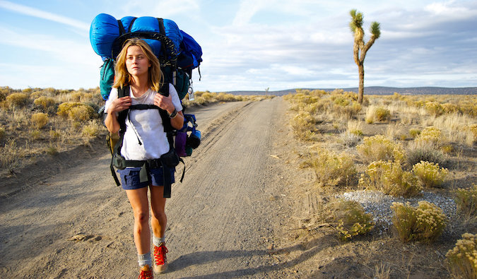 Reese Witherspoon solo hiking on a train in Wild film