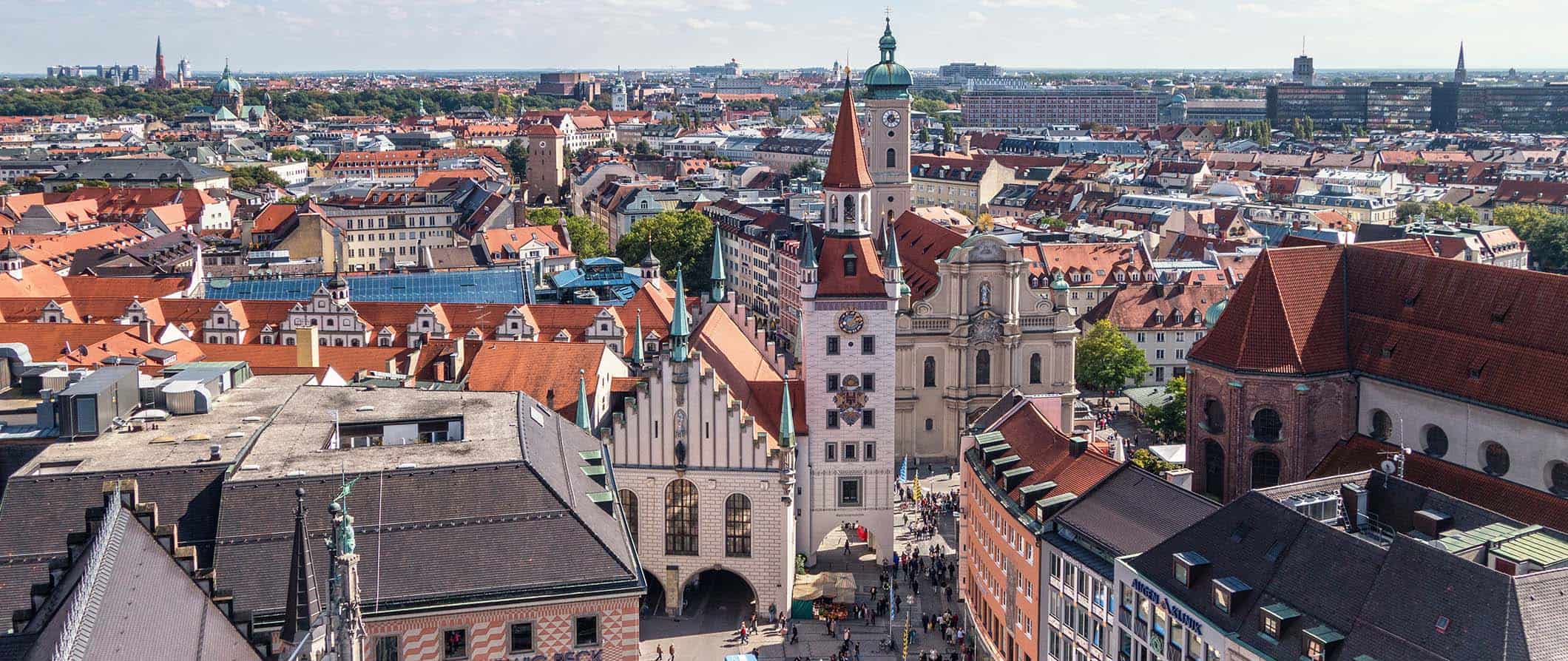 The historic skyline of Munich, Germany featuring numerous old buildings
