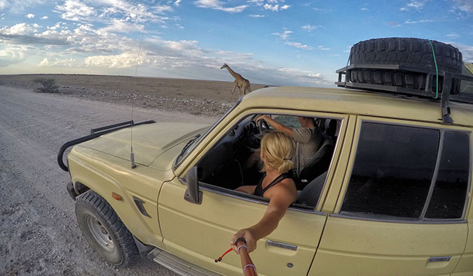 Cameron and Natasha on a road trip in Namibia