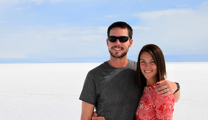 The Naumans, a traveling couple, together at the salt flats in South America