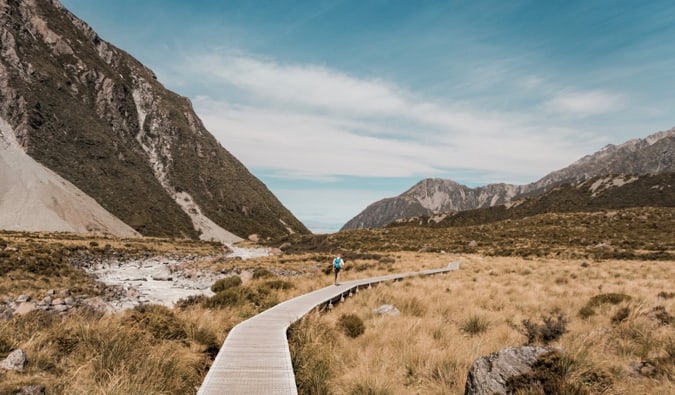 A solo hiker traveling on a wooden boardwalk in scenic New Zealand