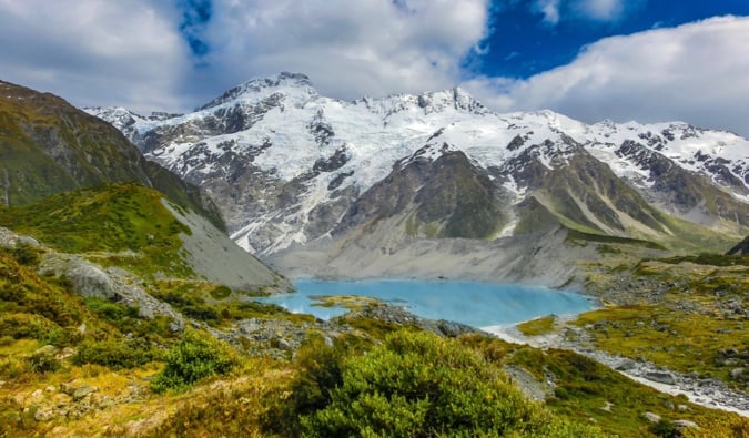Rugged, towering mountains covered with snow in beautiful New Zealand
