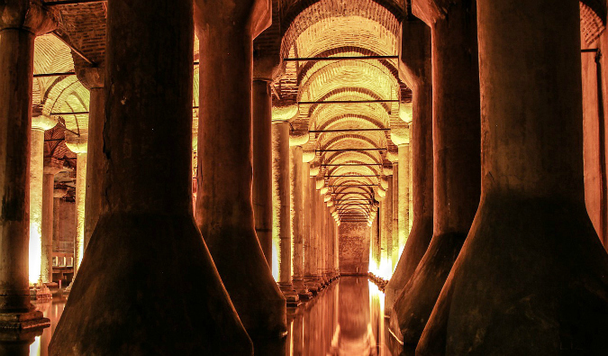 A long hallway down the Basilica Cistern in Istanbul