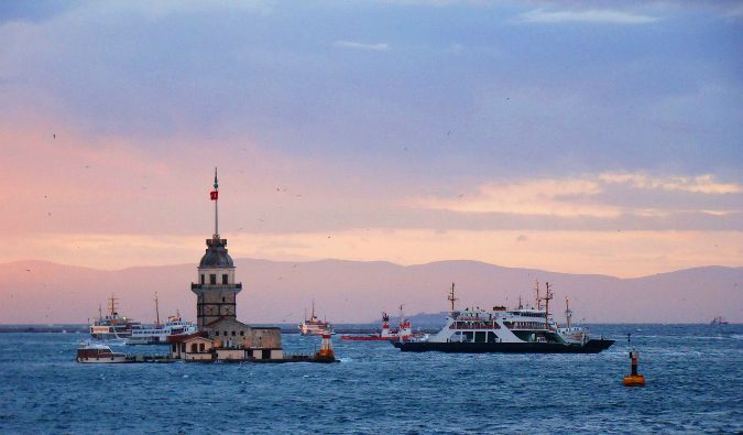 View of castles taken from the ferry around the Turkish islands