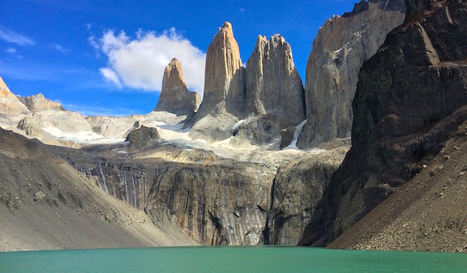 Las Torres in Torres del Paine National Park, Chile with a bright blue sky in the background