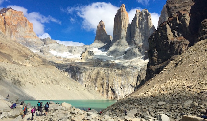 Torres Towers in Torres del Paine National Park, South America, clear and sunny day.