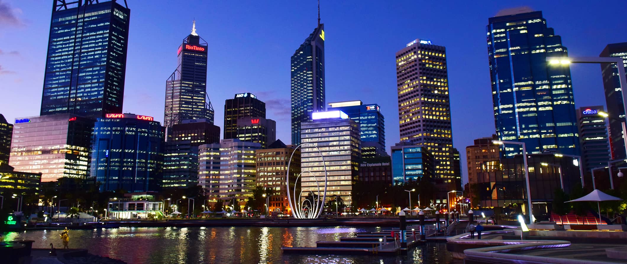 The towering skyline of of Perth, Australia all lit up at night